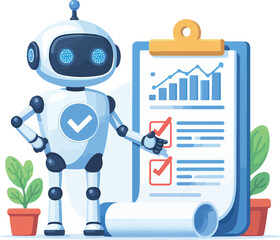A robot with AI symbol holding data charts and documents points to a checklist on a scroll. Ideal for technology, artificial intelligence, data analysis, automation, and innovation. Simple vector art 