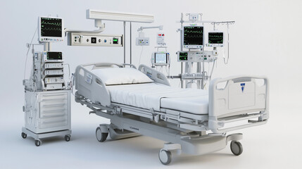 Hospital Bed with Medical Equipment and Monitors in Room