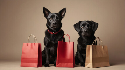 Happy Black Dog with Shopping Bags. A cheerful black dog sits behind eco-friendly paper shopping bags, symbolizing sustainability, pet-friendly shopping, and joyful companionship.
