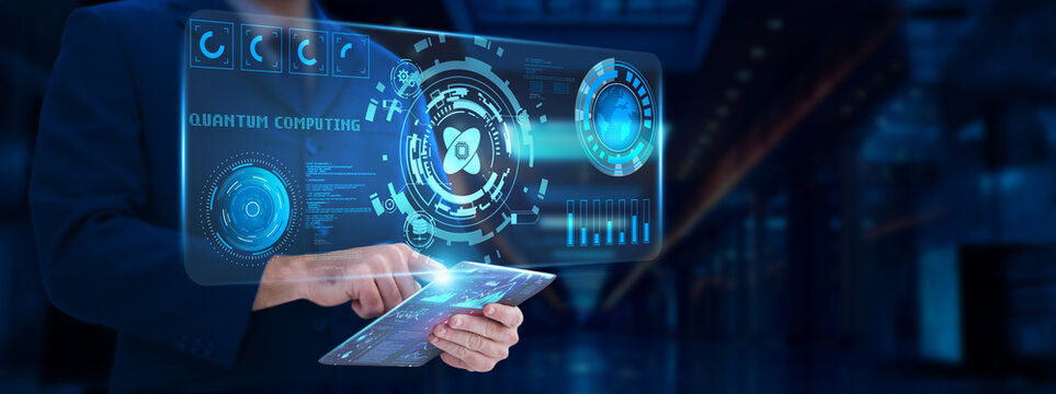Quantum Computing: High performance, businessman analyzing and monitoring technological quantum computing, data processing, algorithm optimization, computational power, innovation.