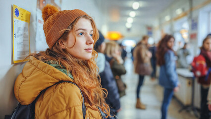 Fototapeta premium A young woman with red hair and a warm beanie stands in line at a polling station during EU elections, surrounded by other voters