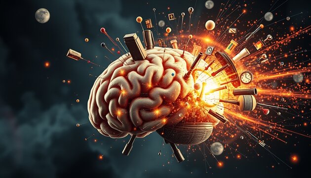 Concept art of a human brain exploding with knowledge and social icons creativity. 