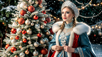 woman in traditional dress by Christmas decorated tree in snowy setting 