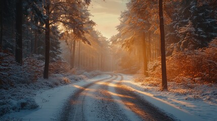 A winding road through a snowy forest bathed in the golden light of sunrise.