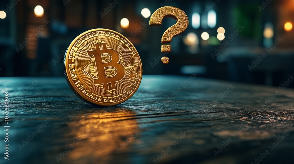 Poster a golden bitcoin coin sits on a wooden table with a question mark hovering above it. is it a good in