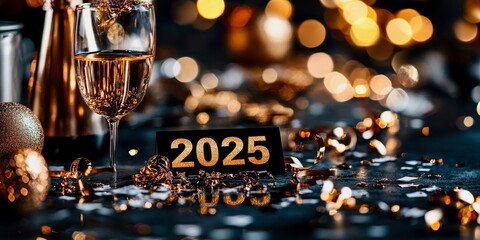 Elegant New Yearâ€™s Eve invitation with minimalistic "2025" and black and gold theme