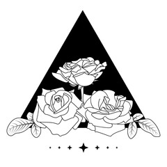 Floral geometric illustration. Black contour on a white background. Rose composition with black triangle shape and stars. Design element, Valentine, cards, invitations, print, coloring pages, web