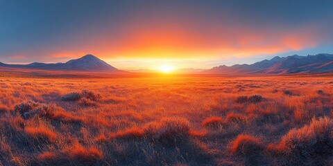 Naklejka premium Scenic view of a mountain range with a bright orange sunset behind them.