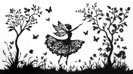 Black Papercut Silhouette Fairy Dancing in Forest with Butterflies