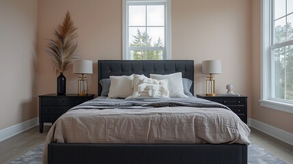 Beautiful Colored Mockup Bedroom Interior Blank Poster Decoration Art Background Image, generative AI