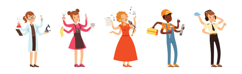 Multitasking People Character of Different Profession Vector Set