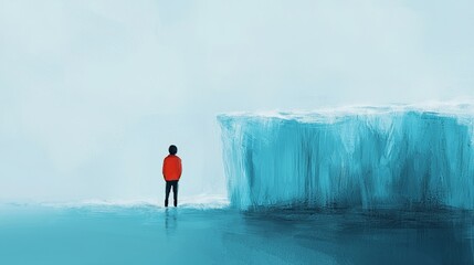 Obraz premium A young boy stands in awe before a majestic iceberg on a tranquil seaside