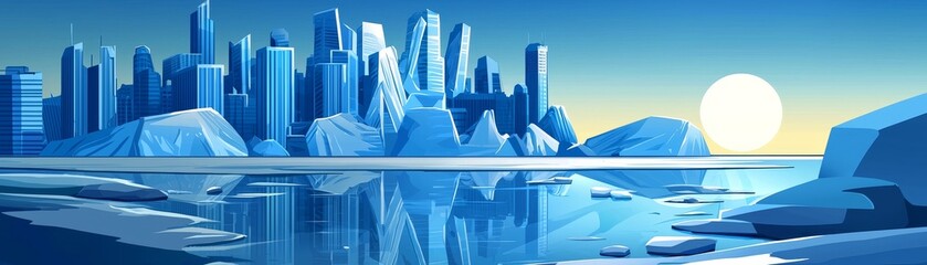 Explore the serene beauty of an icy city landscape beneath a bright sunlight
