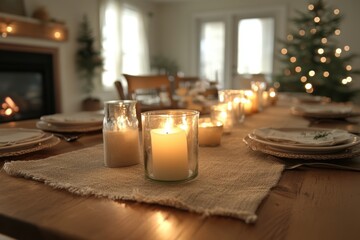 rustic christmas table, a simple, rustic christmas table with burlap accents and soft candlelight creates a cozy setting for the holiday season
