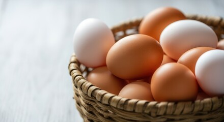 Fresh brown white eggs in woven basket on wooden table
