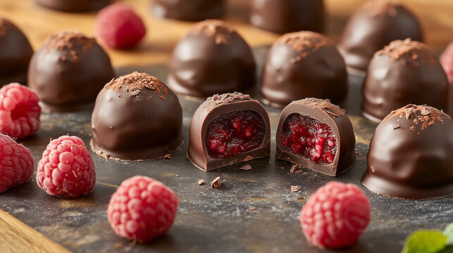 Trufle z ciemnej czekolady ułożone w kształt koła, jedna z nich przecięta, by odsłonić intensywne nadzienie z malin.
