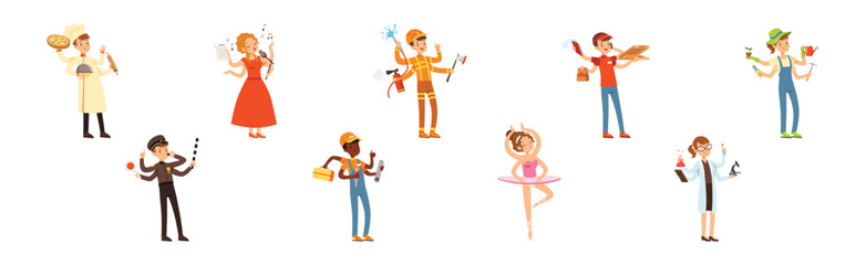 Multitasking People Character of Different Profession Vector Set