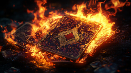 Karty do gry ogarnięte płomieniami, w których intensywne czerwienie i żółcie odbijają się na ich misternych wzorach. Ciemne, zacienione tło wzmacnia dramatyzm sceny i podkreśla wyjątkowy efekt wizualn