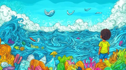 Child observes polluted ocean amidst colorful waste and wildlife