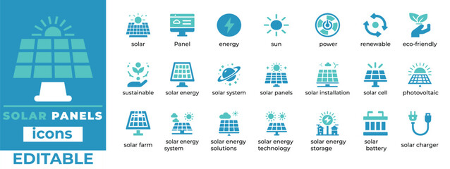 Eco-friendly solar panel vector icon set for energy projects, sustainability, and renewable resources. Fully editable, scalable, and modern design