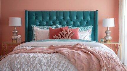 Beautiful Colored Mockup Bedroom Interior Blank Poster Decoration Art Background Image, generative AI
