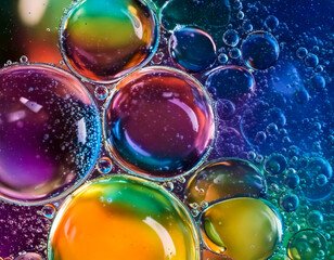 iridescent rainbow bubbles art colored background, liquids soap