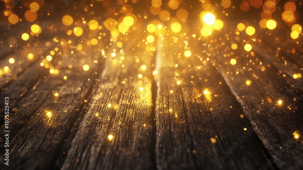 Poster golden sparklers and fireworks create a festive background banner with bokeh lights on rustic wood t