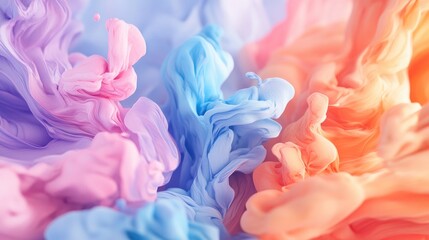 Fototapeta premium Abstract creative template featuring swirling acrylic ink in water enhanced with smoke effects in pastel shades of pink orange blue aqua and violet for a vibrant backdrop