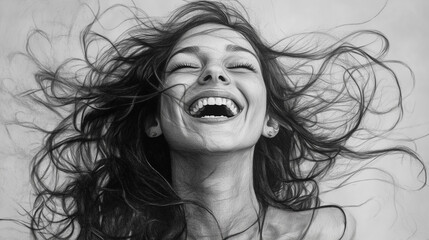 Fototapeta premium Kobieta śmieje się radośnie, a wiatr rozwiewa jej włosy, tworząc dynamiczny obraz pełen energii i beztroski. Naturalna radość emanuje z jej twarzy, oddając atmosferę chwili.