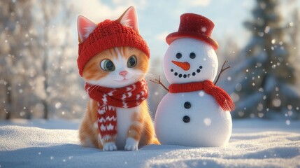 A playful ginger and white cat wearing a red knitted hat and scarf sits beside a snowman in a cozy winter setting highlighting the joy of pets as part of the family