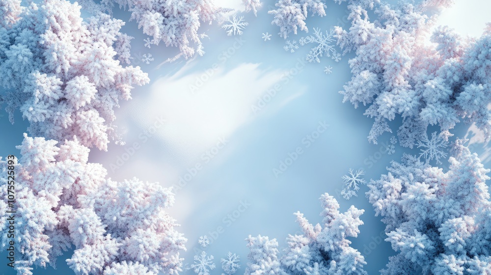 Poster winter background featuring a frame of snow and snowflakes captured from a top view with ample space