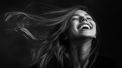 Fototapeta premium Kobieta śmieje się radośnie, a wiatr rozwiewa jej włosy, tworząc dynamiczny obraz pełen energii i beztroski. Naturalna radość emanuje z jej twarzy, oddając atmosferę chwili.