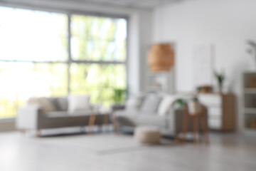 Blurred view of light living room with grey sofas, shelf unit and plants
