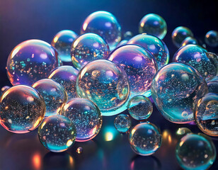 iridescent blue bubbles art colored background, glass liquids soaps