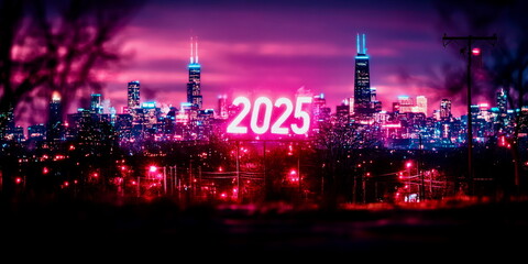 Firework display over city skyline with bold "2025" in glowing letters, festive New Year concept