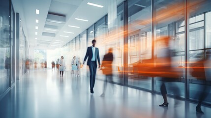 Obraz premium Dynamic business environment with blurred motion of people in bright modern office space