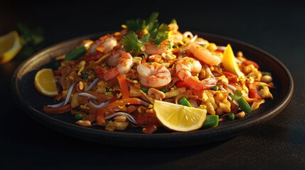 Shrimp and vegetable Pad Thai on a dark backdrop