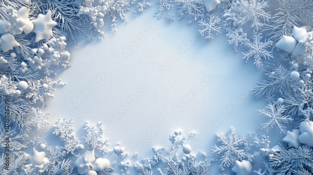 Poster winter background featuring a frame of snow and snowflakes captured from a top view with ample space