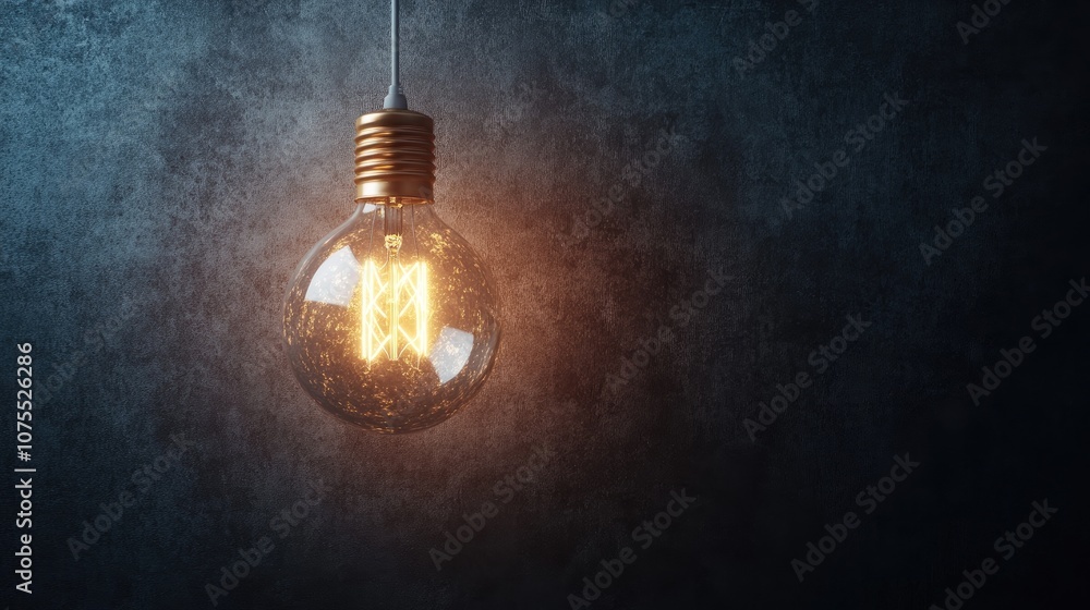 Poster vintage style light bulb illuminated against a dark backdrop showcasing a bright wire within the gla