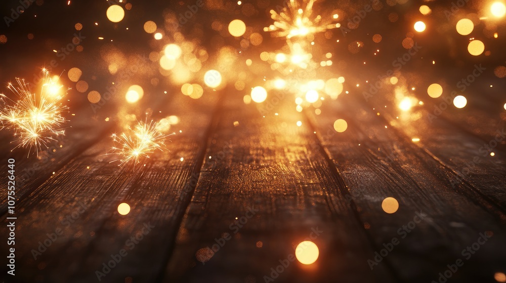 Poster golden sparklers and fireworks create a festive background banner with bokeh lights on rustic wood t