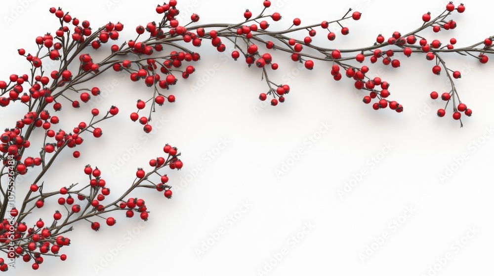 Poster spruce branches with red berries arranged on a white background creating a festive flat lay design w