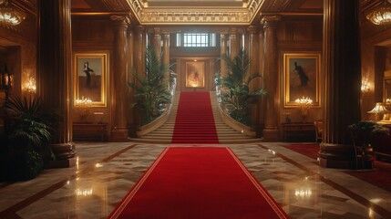 Obraz premium Elegant grand hall with red carpet and marble floors.