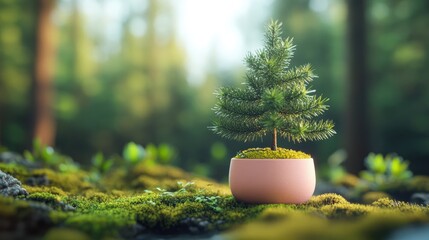 Small pine tree in a pink pot surrounded by moss in a serene forest setting embodying nature and tranquility