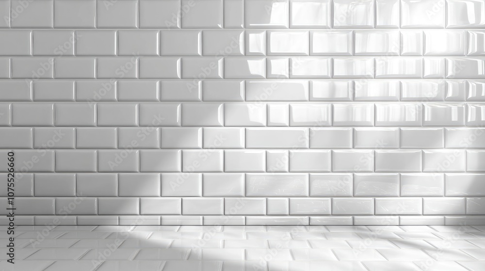 Poster white subway tiles in a bright light creating a textured wall backdrop suitable for panoramic displa