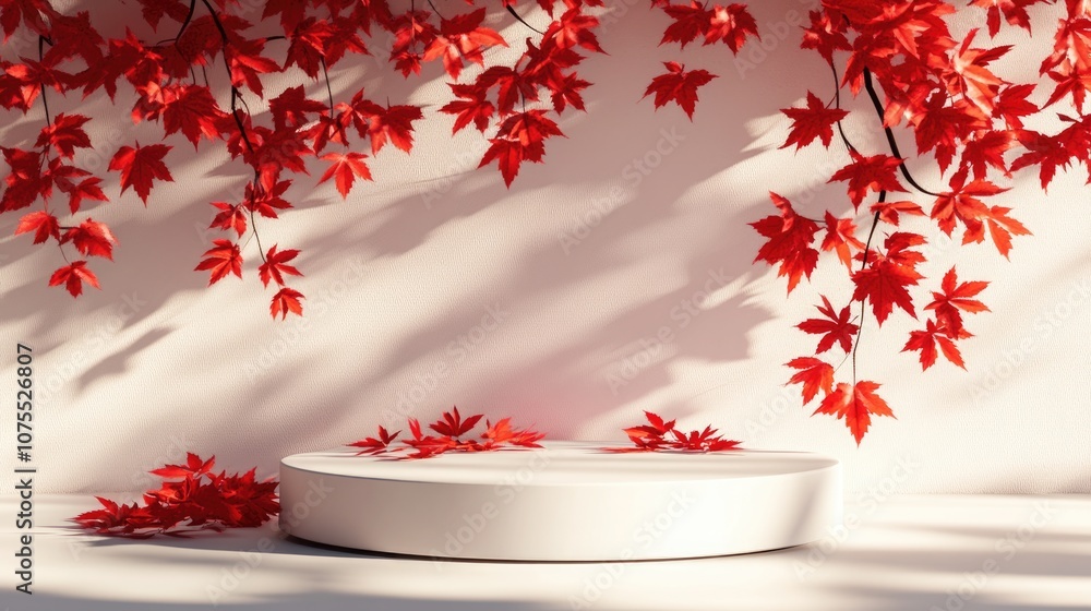 Poster minimalistic white geometric podium adorned with vibrant red autumn leaves casting elegant shadows i