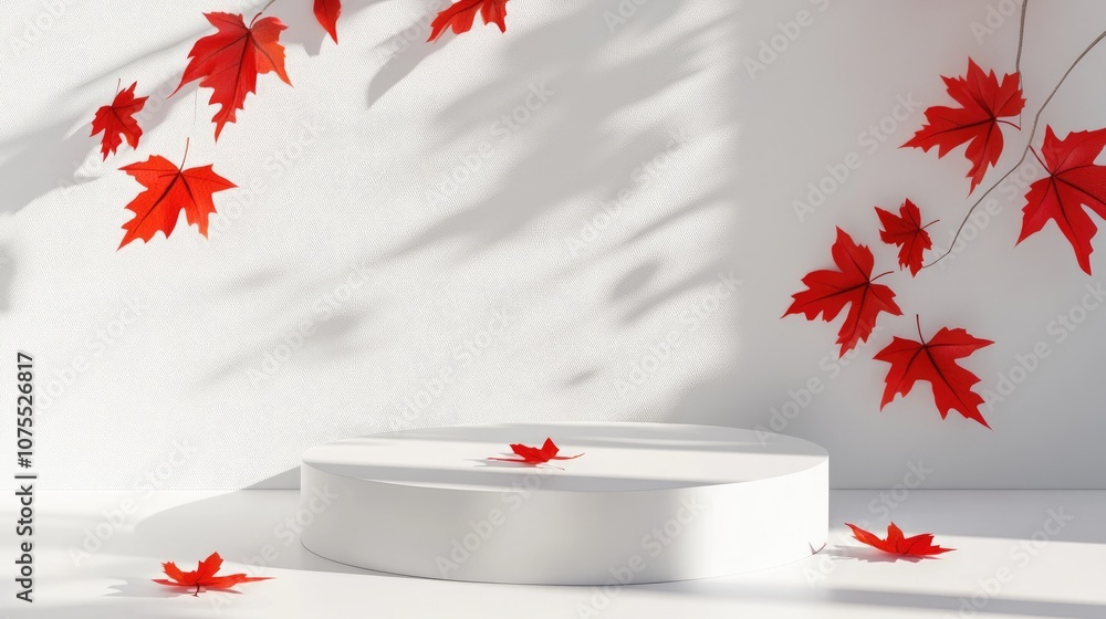 Poster minimalistic white geometric podium adorned with vibrant red autumn leaves casting elegant shadows i