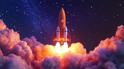 Rocket launch surrounded by smoke in a starry night sky symbolizing military strength and technology A missile ascends successfully into the atmosphere