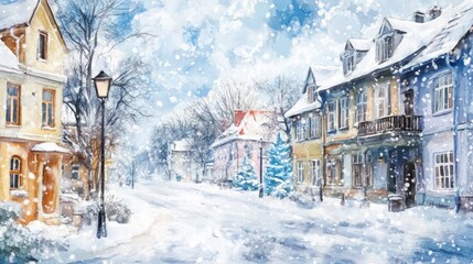 Fototapeta premium Watercolor artwork depicting a winter scene on a historical street