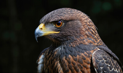 Fototapeta premium A close-up of a hawk with a yellow beak and piercing yellow eyes