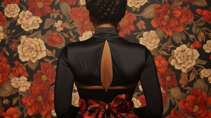 Close up rear view of overweight african american woman, focus on midsection detail